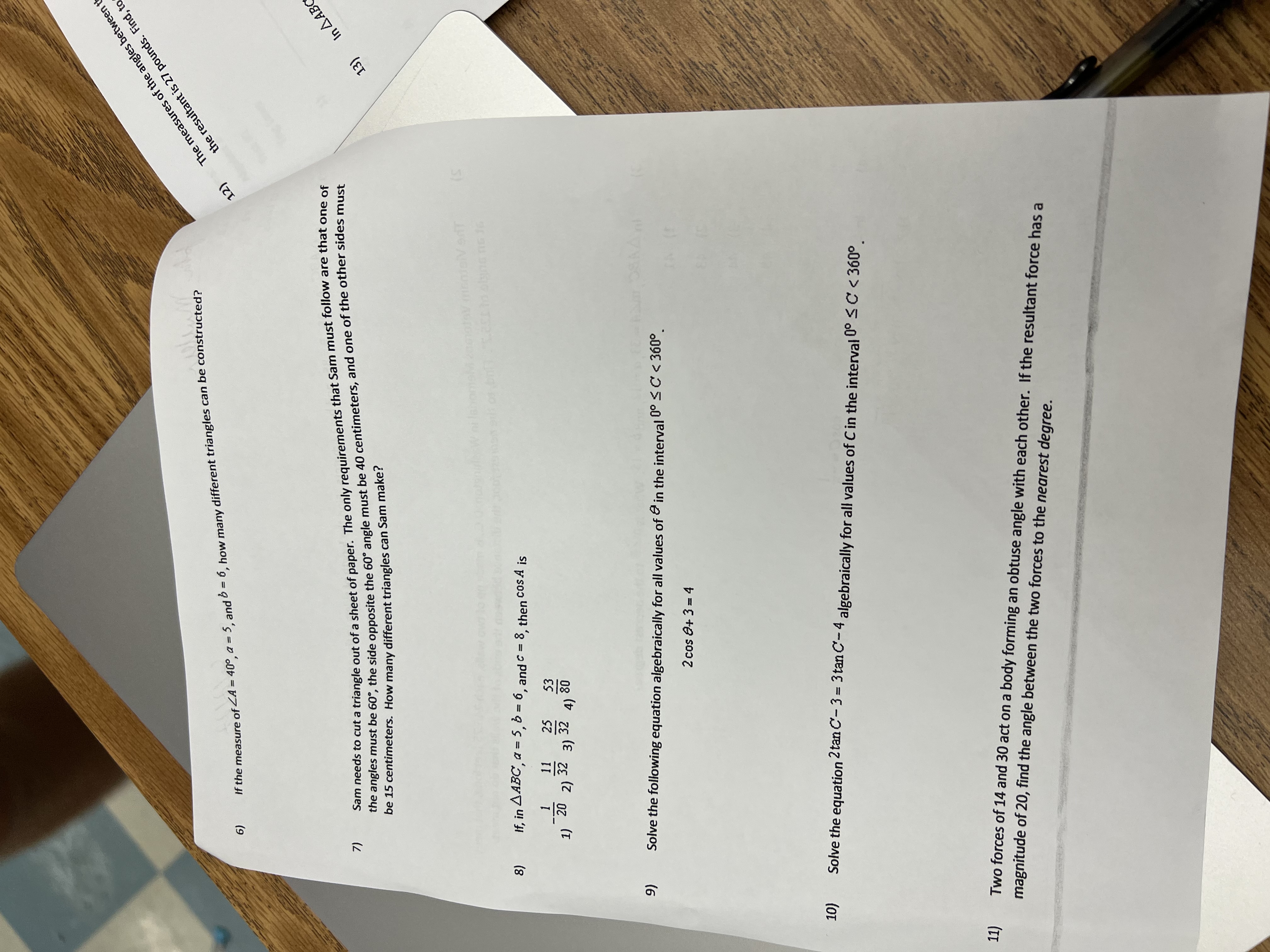 The measures of the angles between the resultant