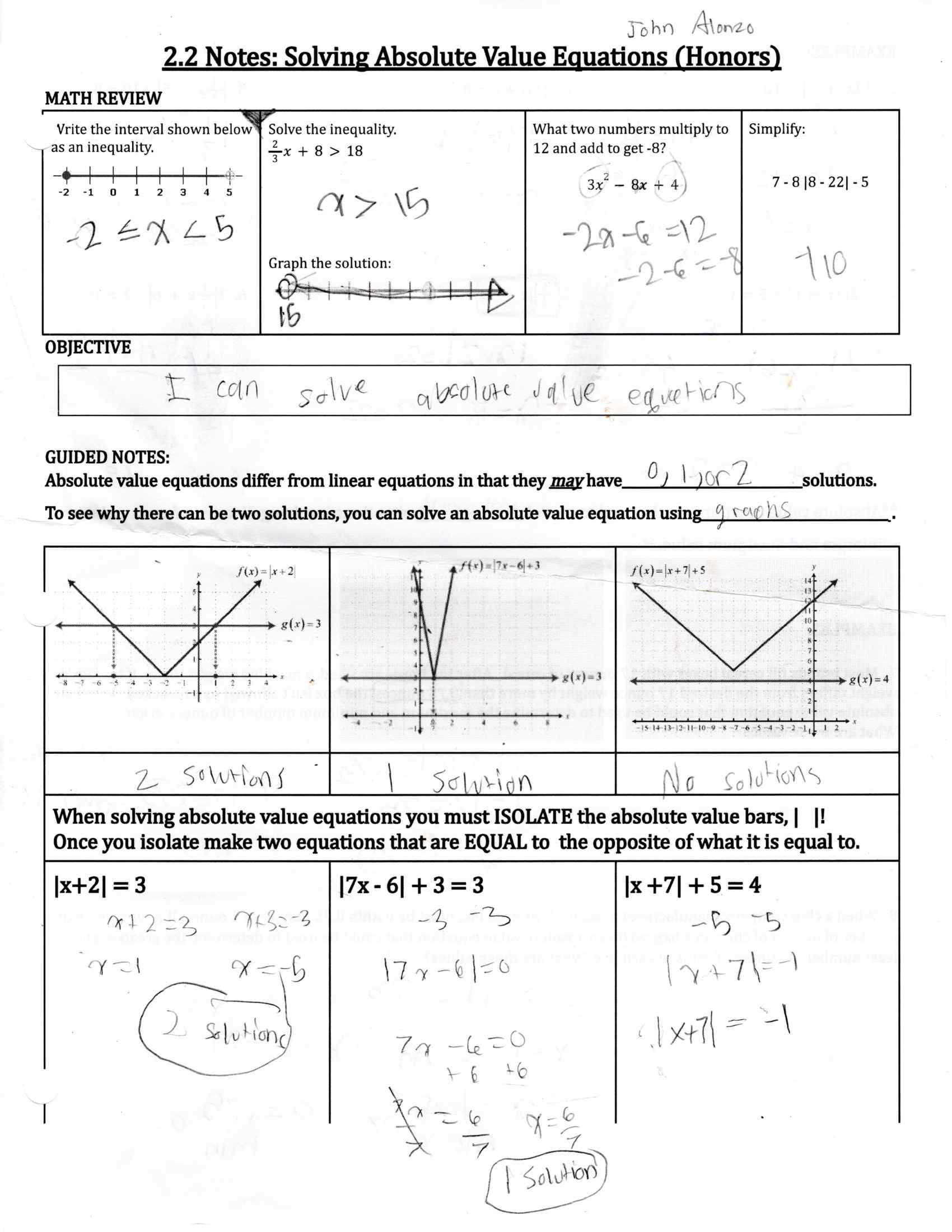 John Alonzo 2.2 Notes: Solving Absolute Value