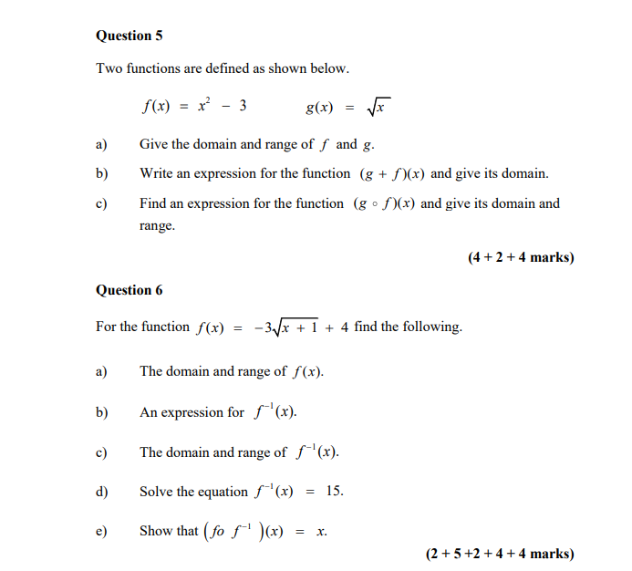Question 5 Two functions are defined as shown