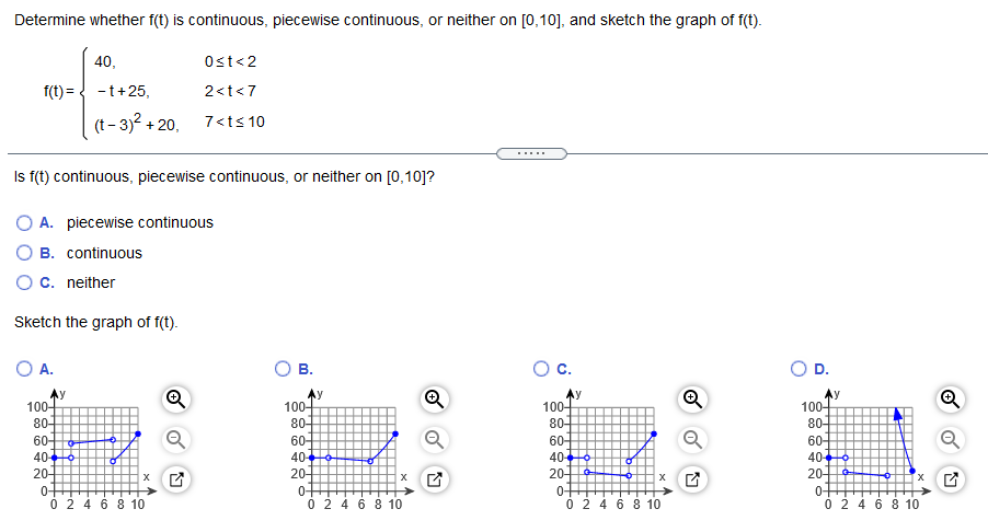 Determine whether f(t) is continuous, piecewise