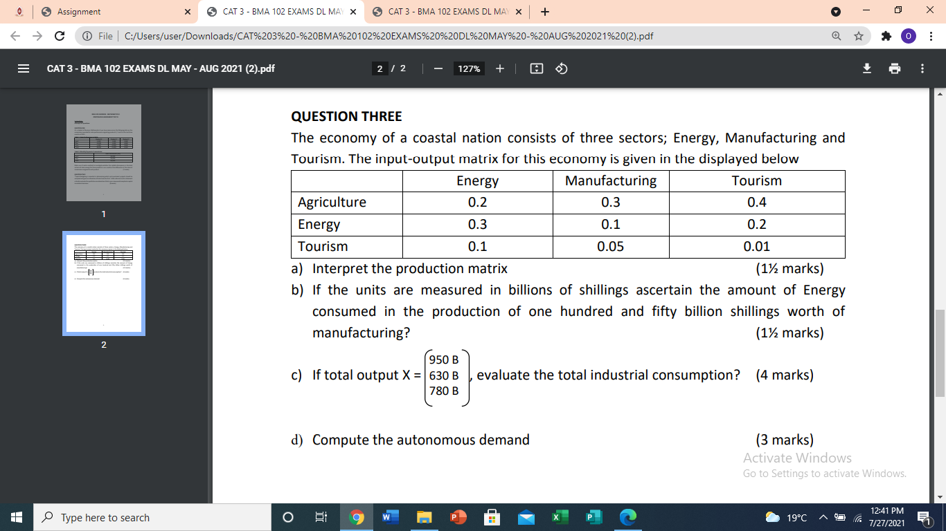 Assignment X CAT 3 - BMA 102 EXAMS DL MAY X 5 CAT