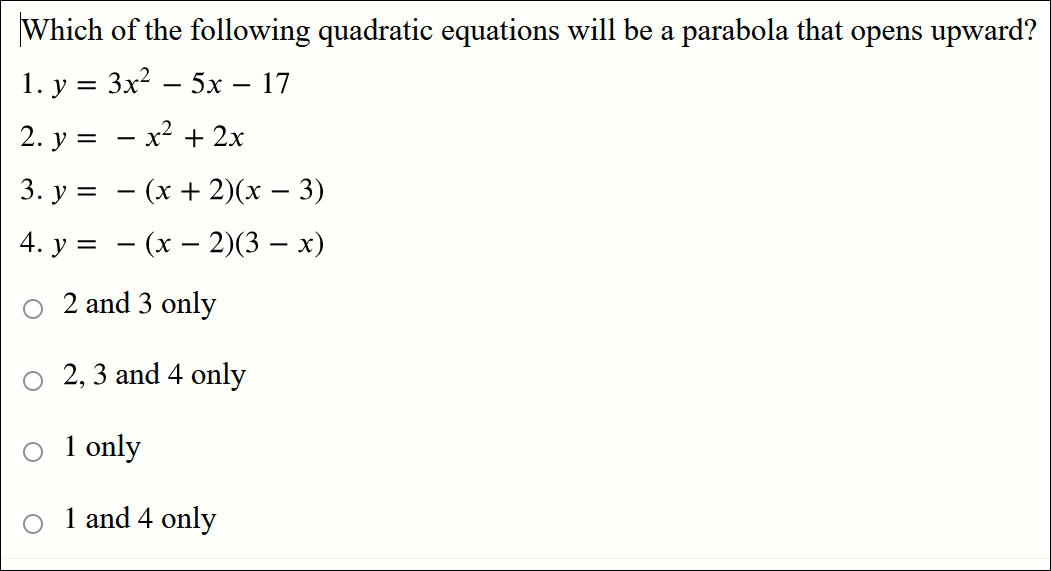 Need help Which of the following quadratic
