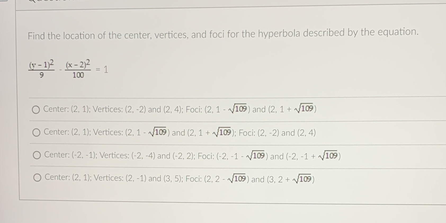 Find the location of the center, vertices, and