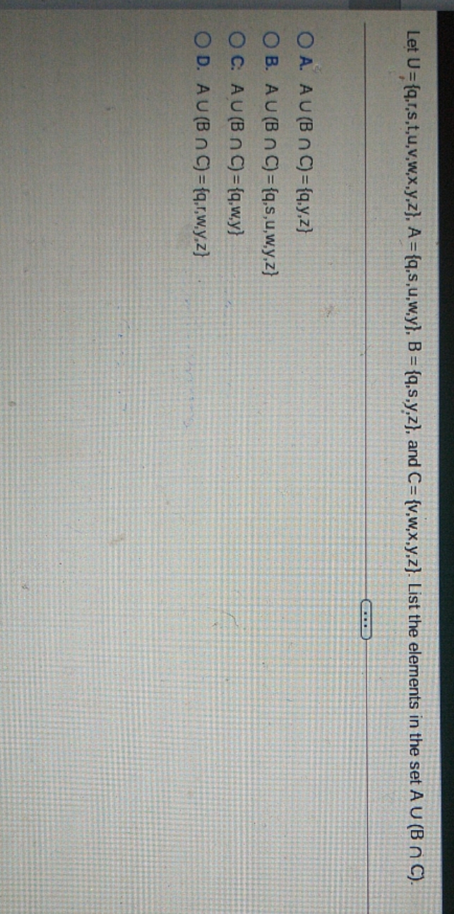 Help please Let U= {q.r,s,t,u,v,w,x,y.z}. A=