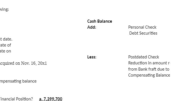 ving: Cash Balance Add: Personal Check Debt
