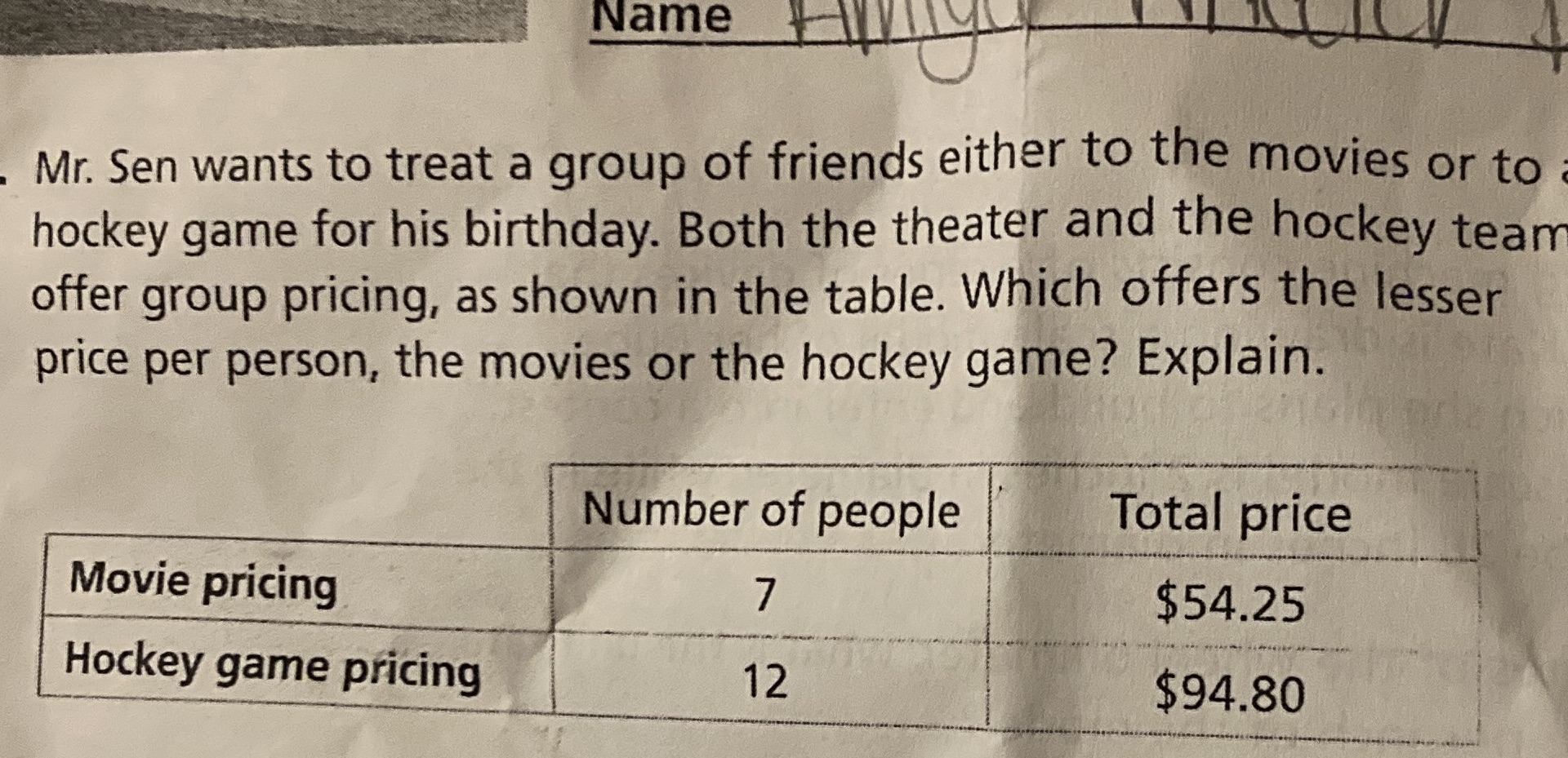 Name Mr. Sen wants to treat a group of friends