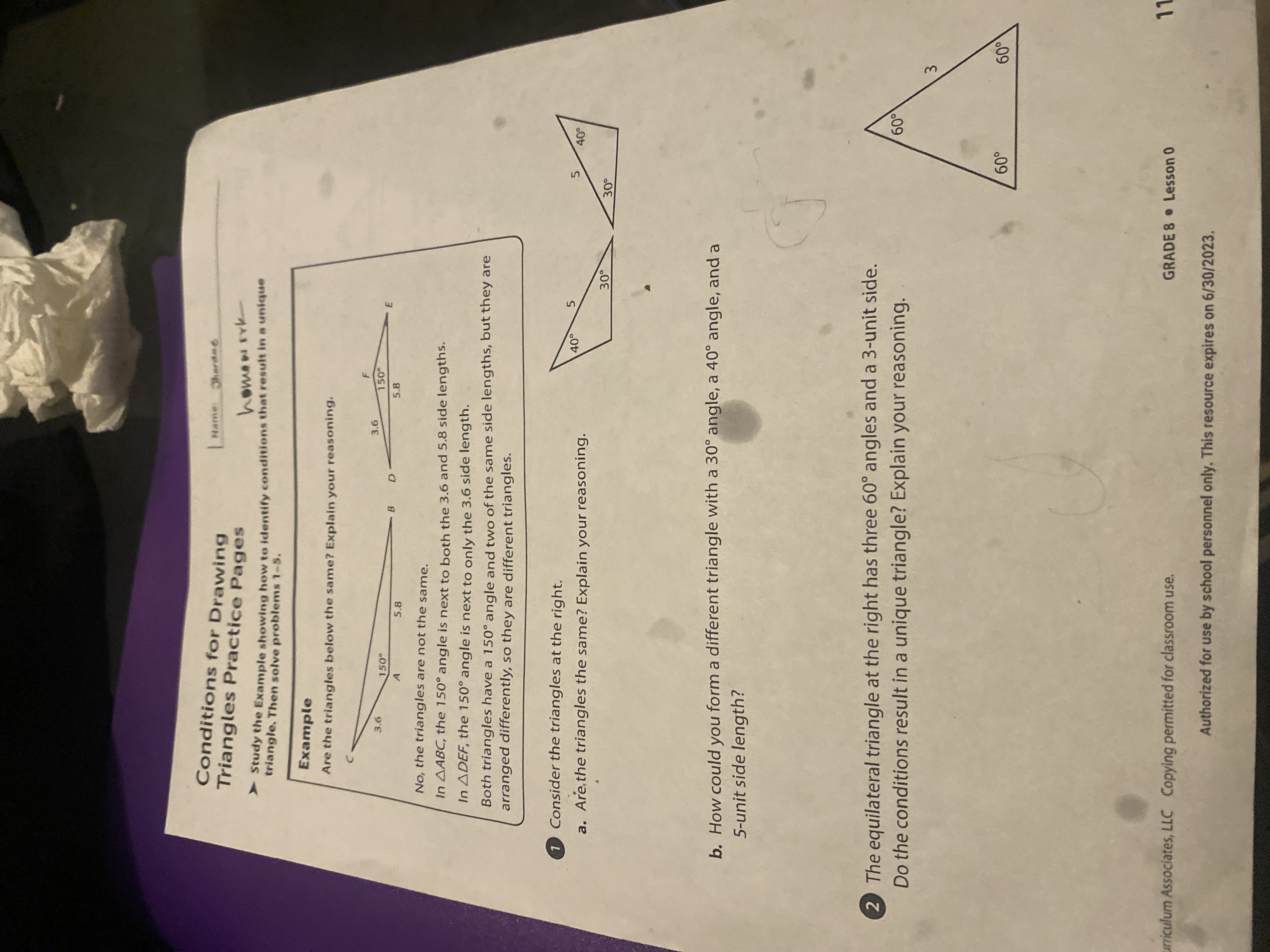 Conditions for Drawing | Name: Therake Triangles