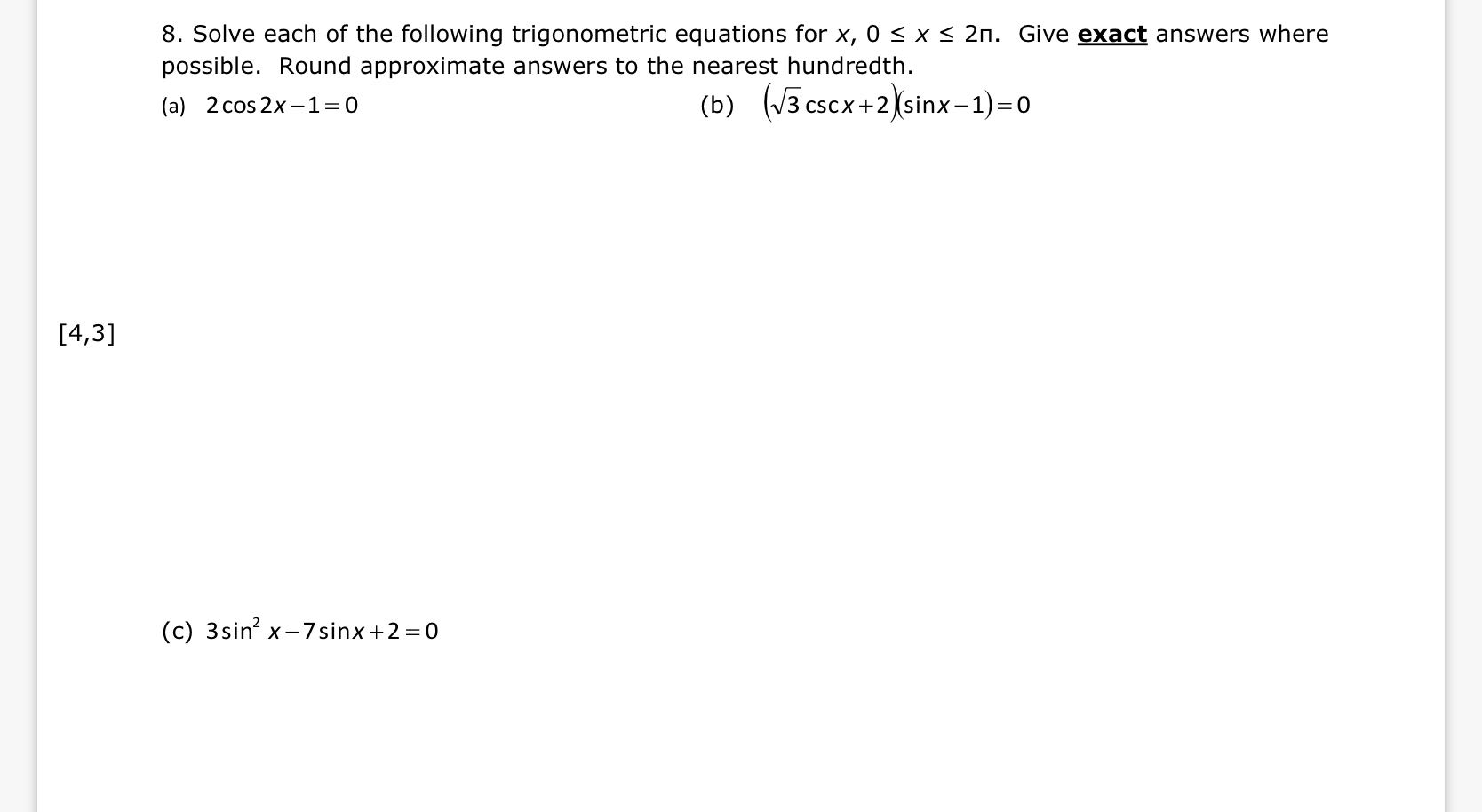 8. Solve each of the following trigonometric