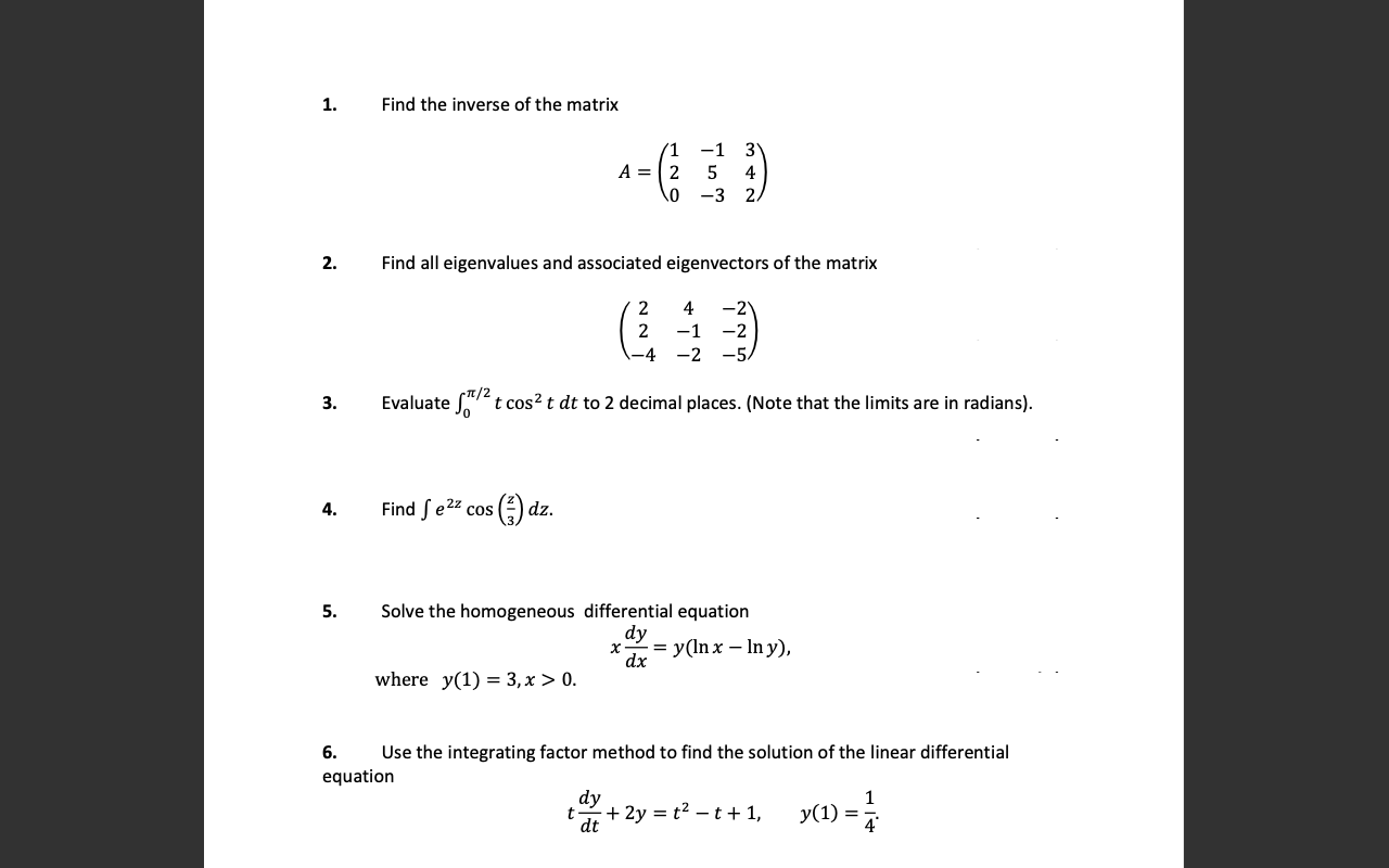 math 1. Find the inverse of the matrix -1 A = 5