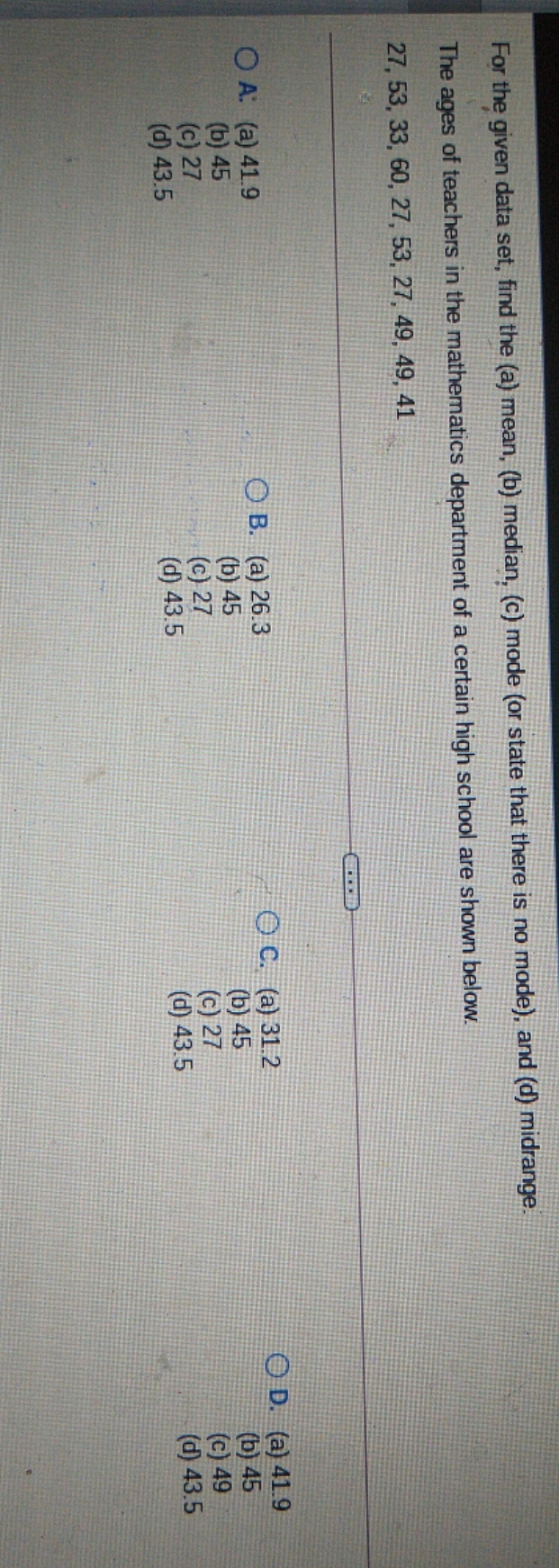 Help please For the given data set, find the (a)