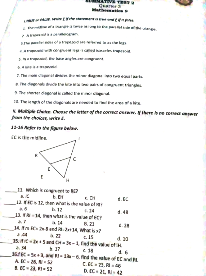 MATIVE TEST 2 Quarter 3 Mathematics 9 A TRUE or