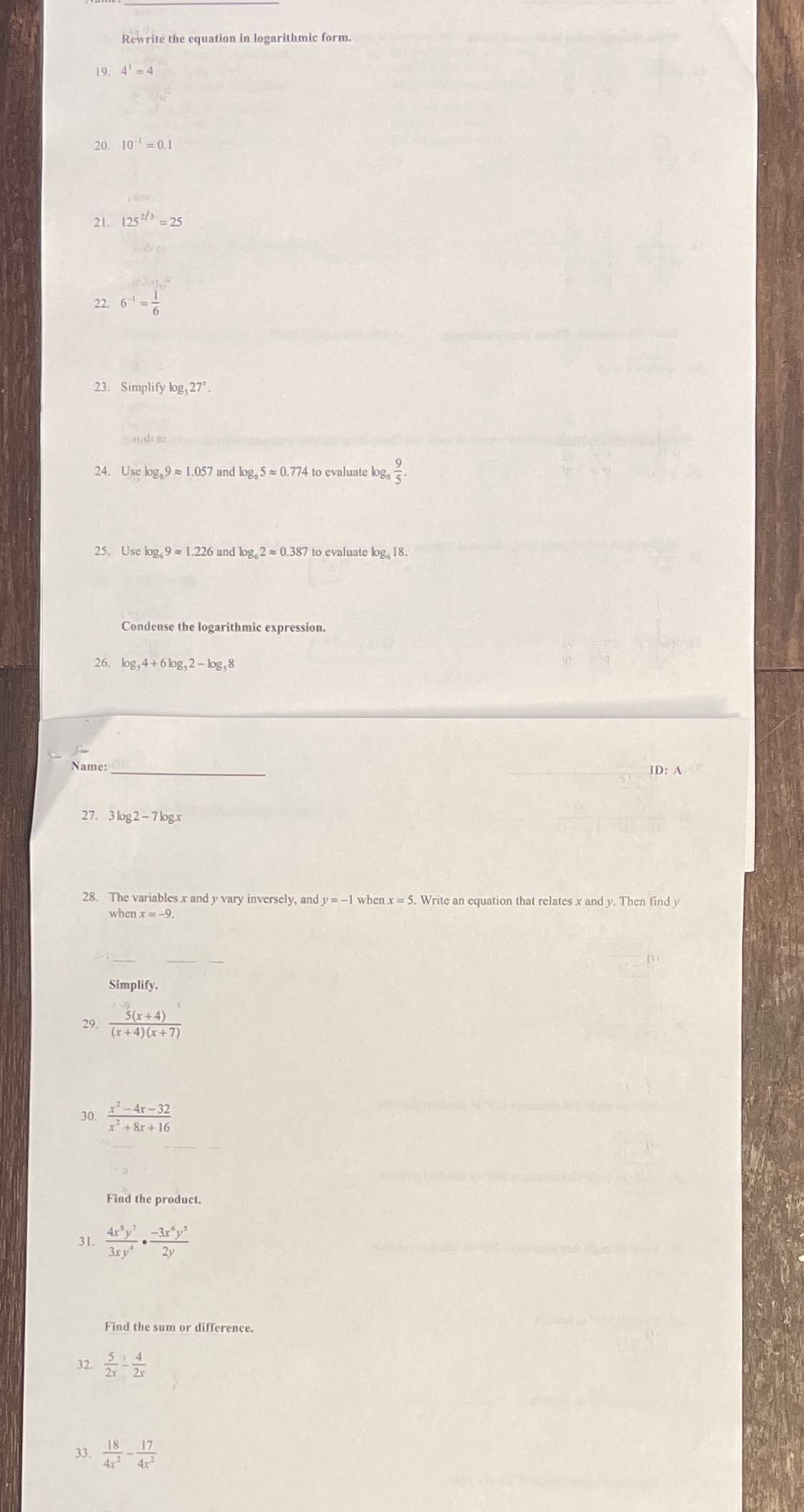 Answer 19-33 and show work. Algebra 2 Rewrite the