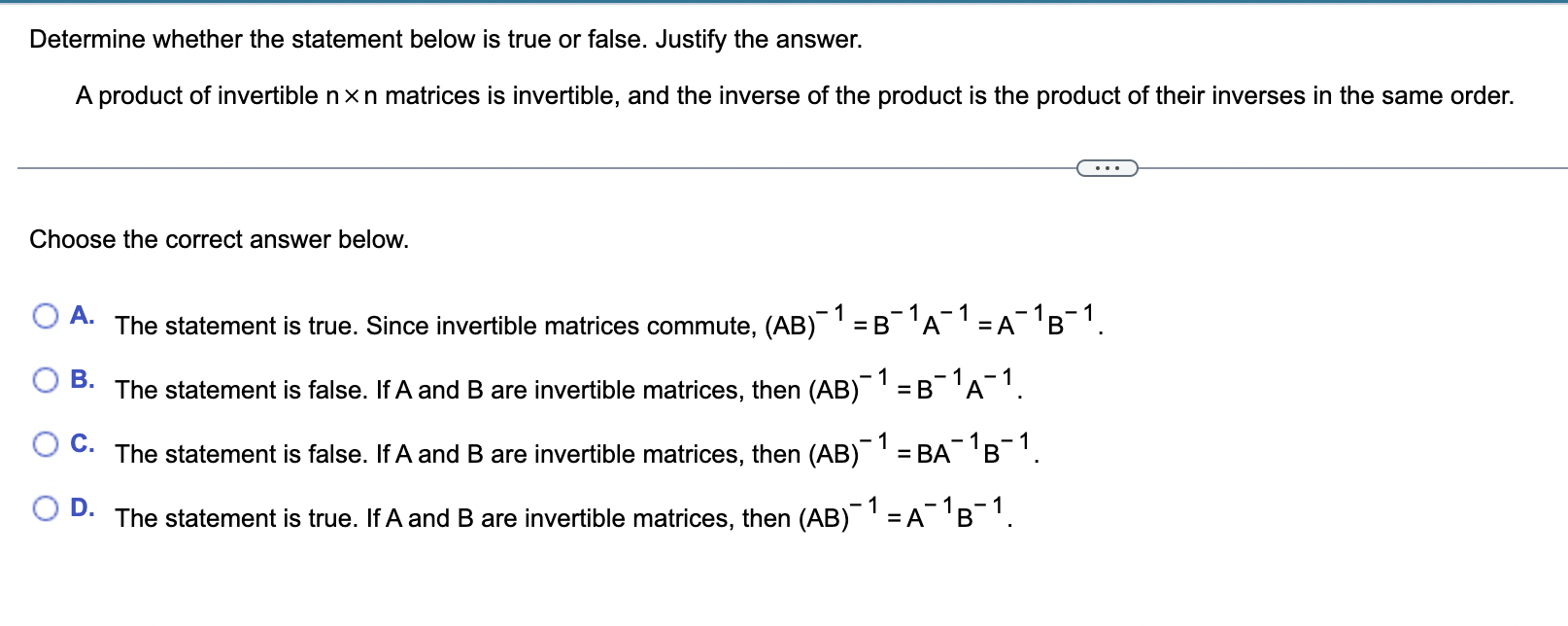 1. Use matrix algebra to show that if A is