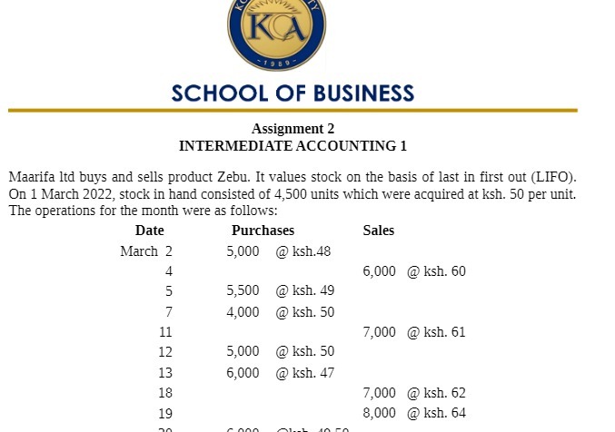 KCA SCHOOL OF BUSINESS Assignment 2 INTERMEDIATE