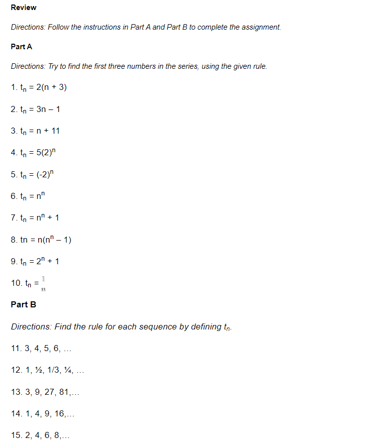 Review Directions: Follow the instructions in