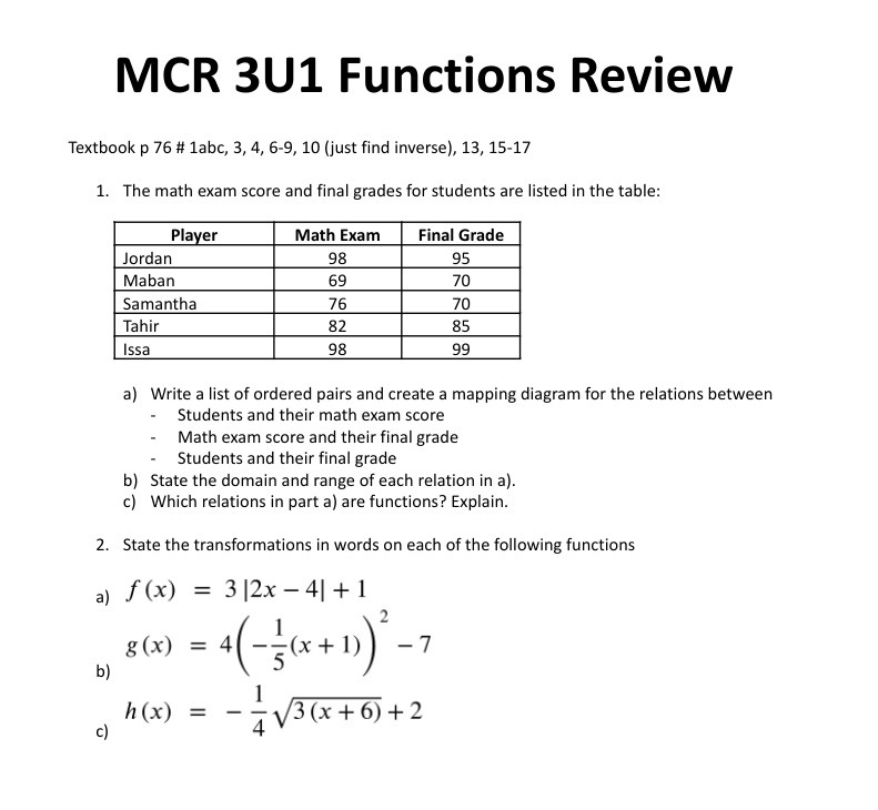 MCR 3U1 Functions Review Textbook p ?E ii 1a'oc,