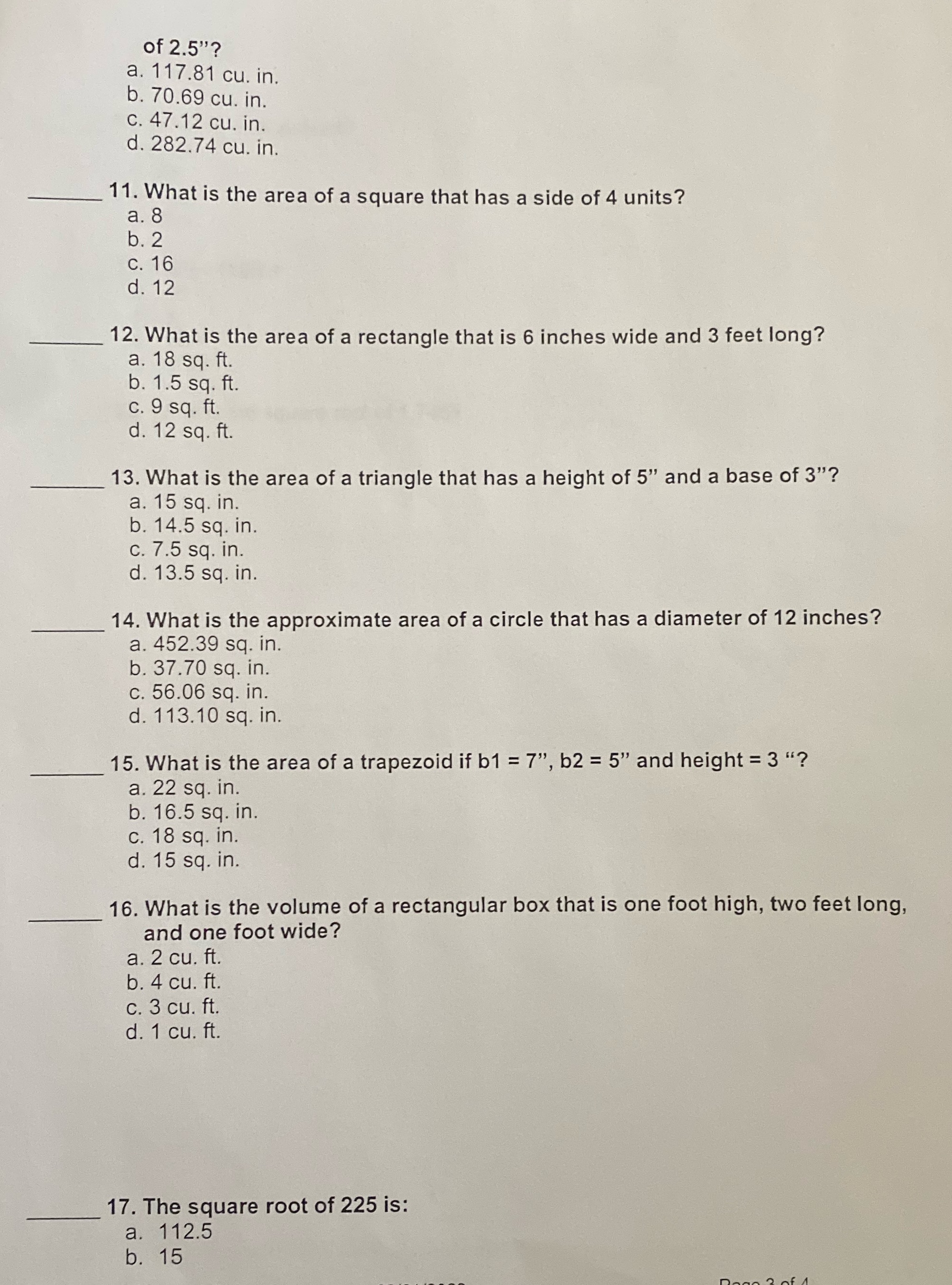 of 2.5"? a. 117.81 cu. in. b. 70.69 cu. in. C.