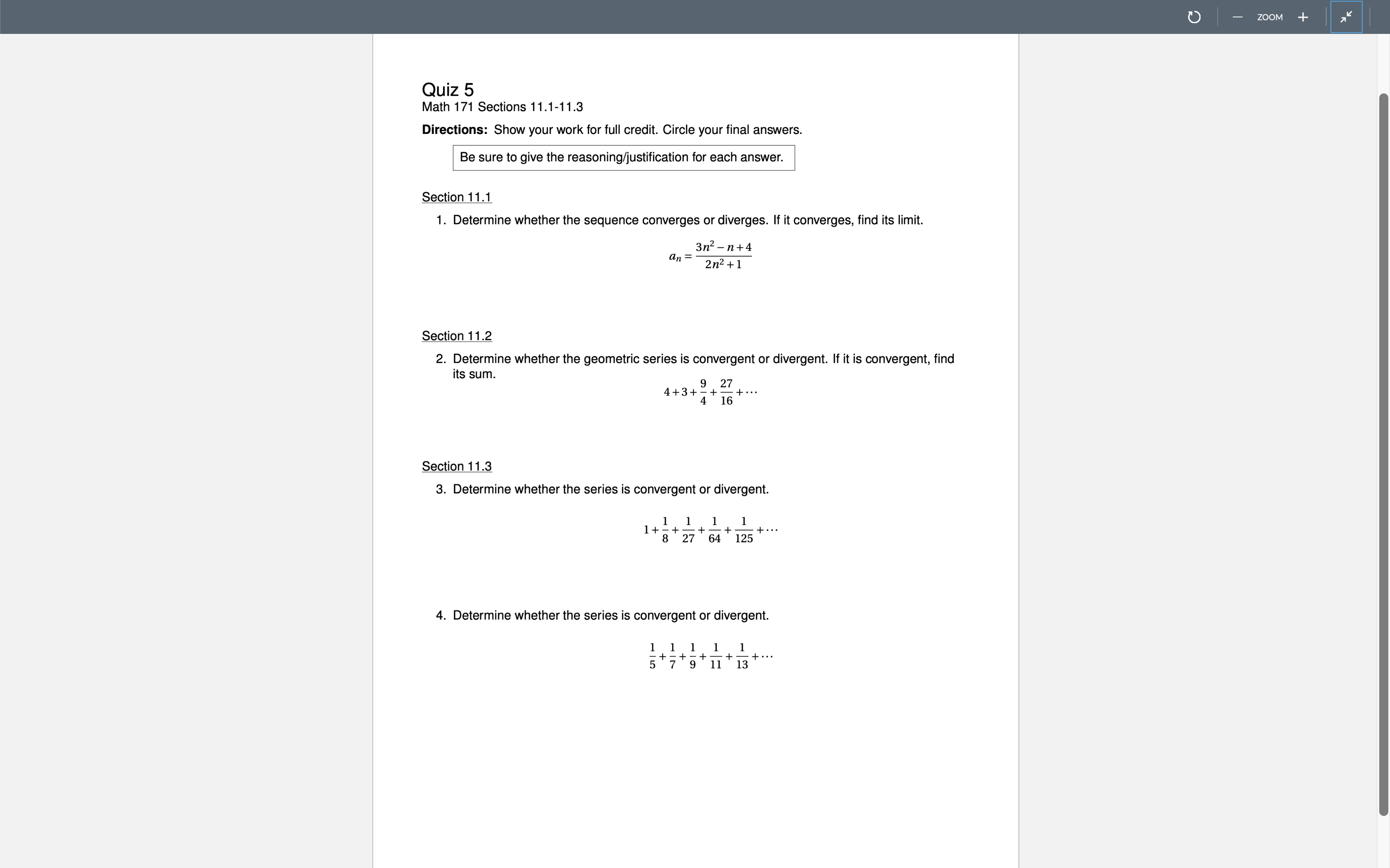 7 ZOOM 4- Quiz 5 Math 171 Sections 11.1-11.3