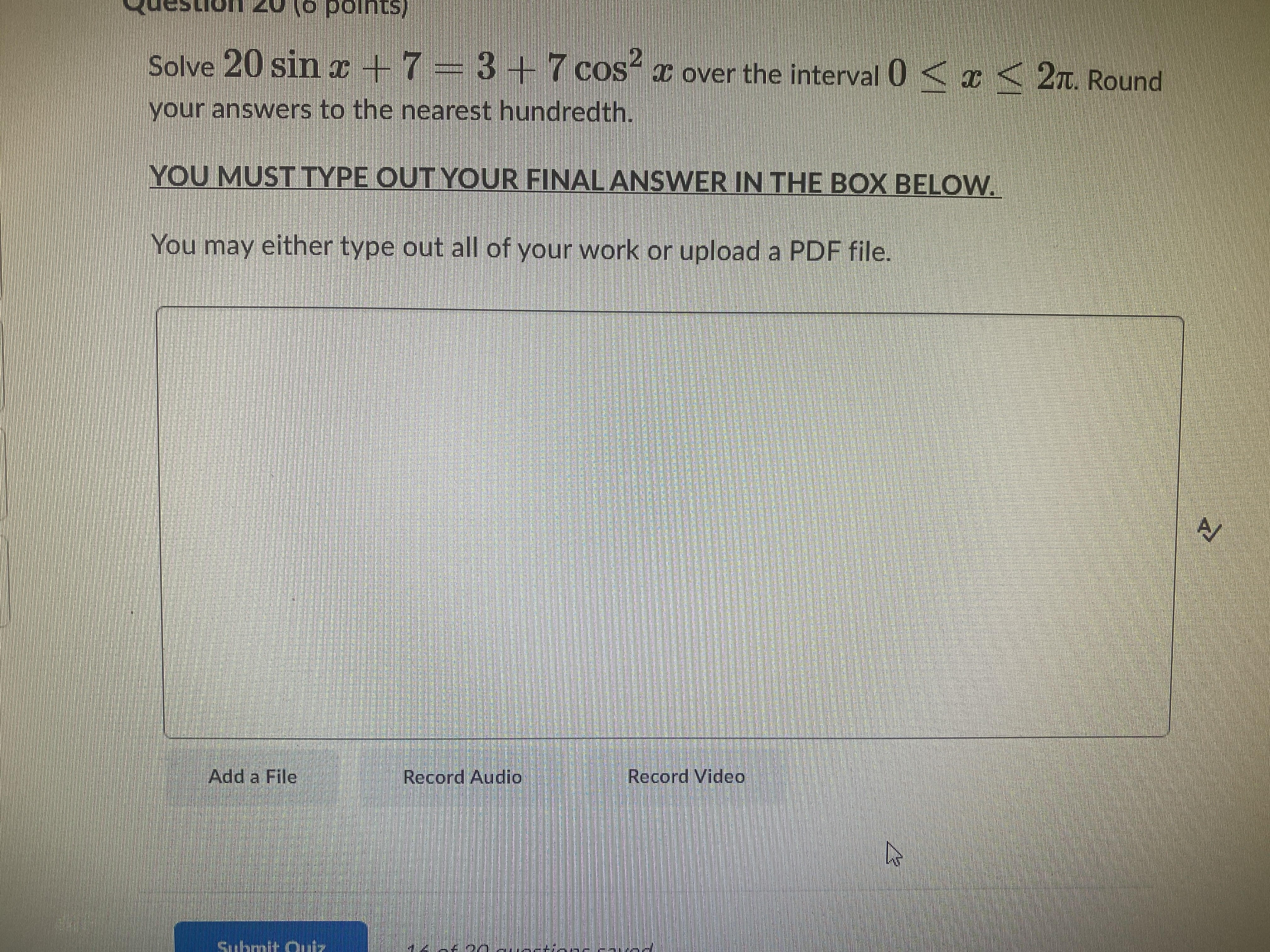 Solve 20 sin x 4 7 - 3 | 7 cost over the interval