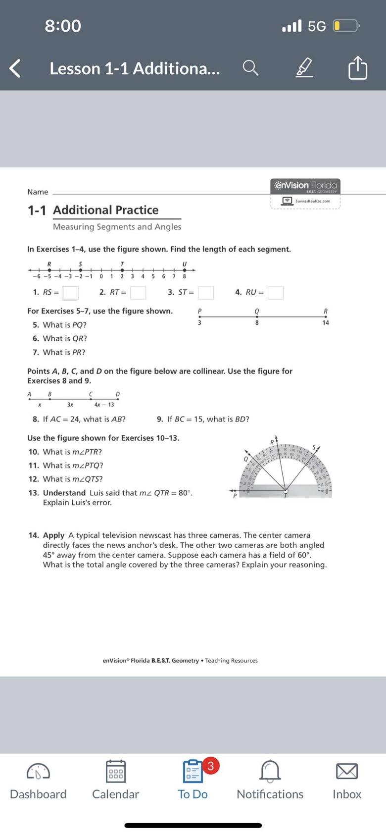 8:00 . 5GO Lesson 1-1 Additiona... Q enVision