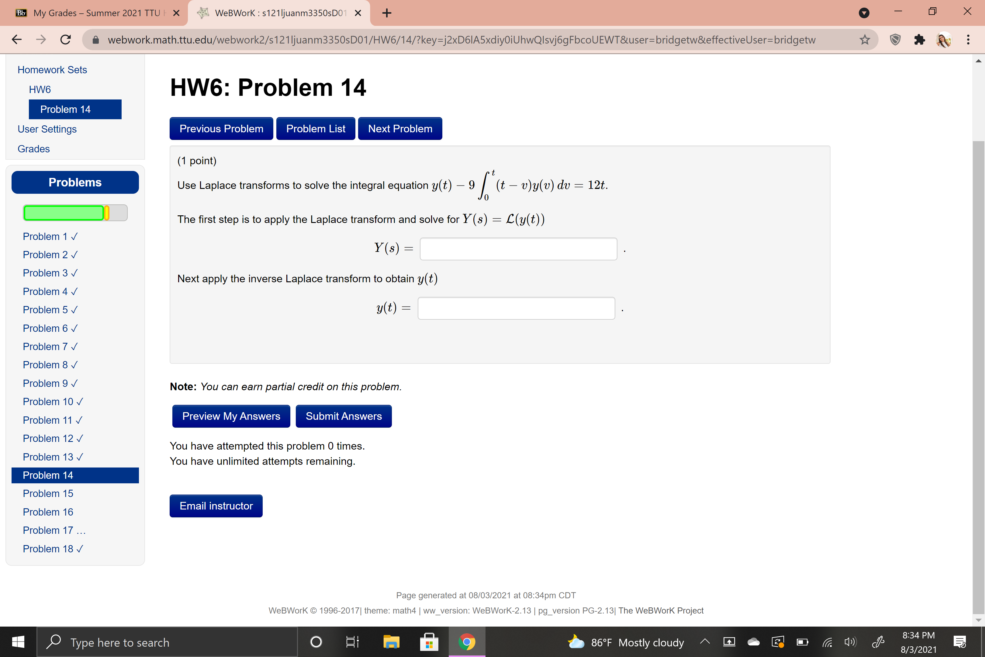 Bb My Grades - Summer 2021 TTU | X WeBWork :