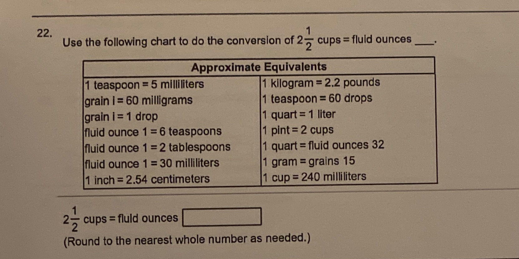 22. Use the following chart to do the conversion