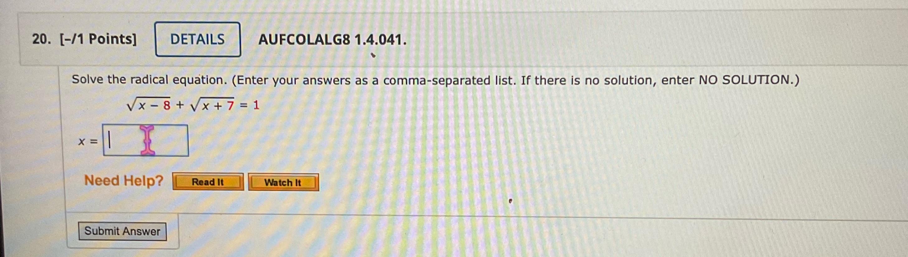 20. [-/1 Points] DETAILS AUFCOLALG8 1.4.041.
