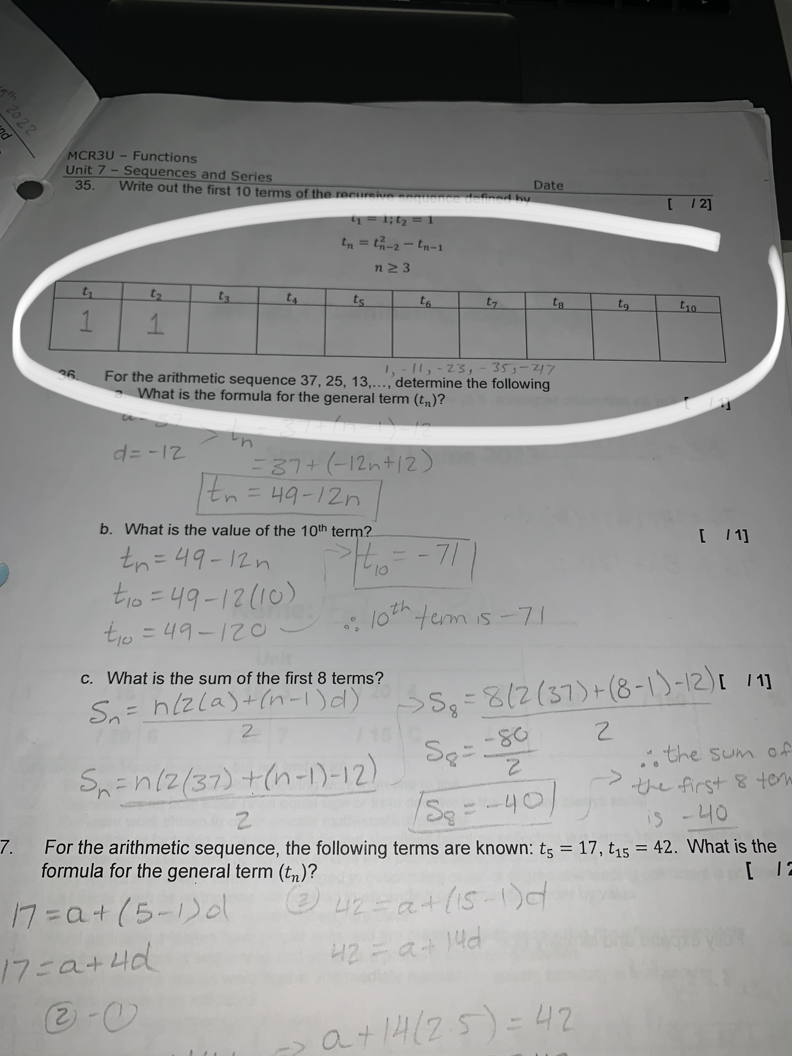 220% 4+ MCR3U - Functions Unit 7 - Sequences and