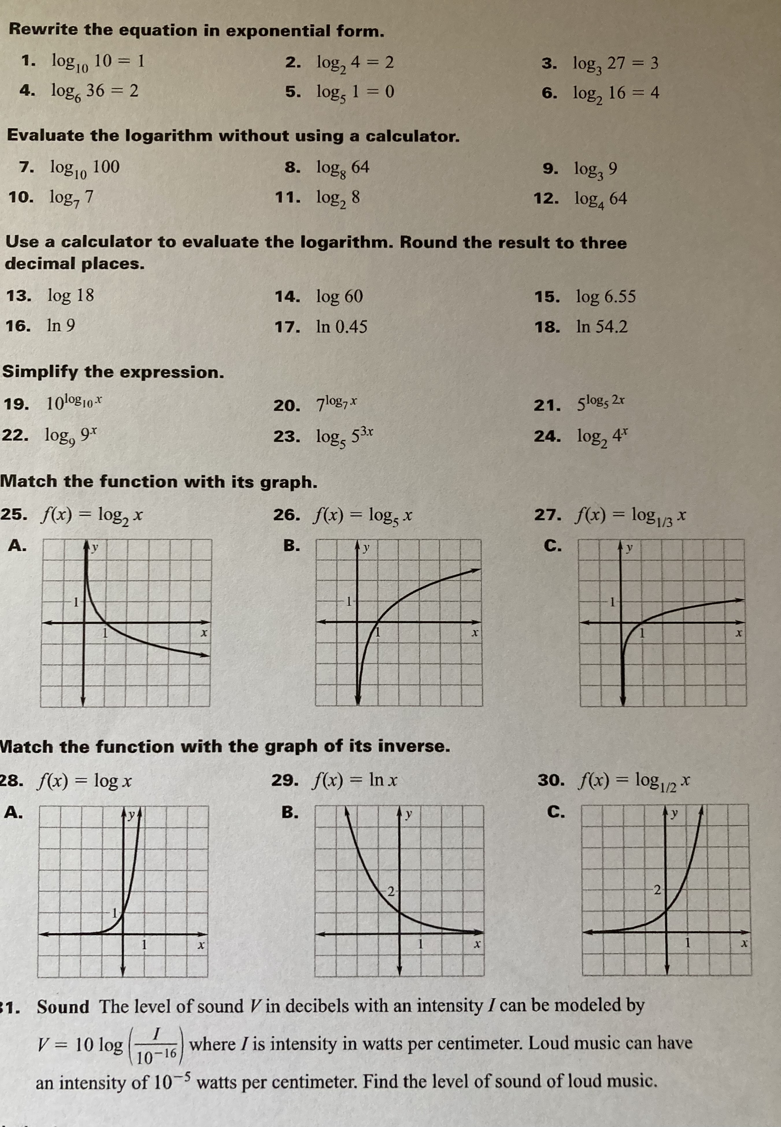 Rewrite the equation in exponential form. 1. log