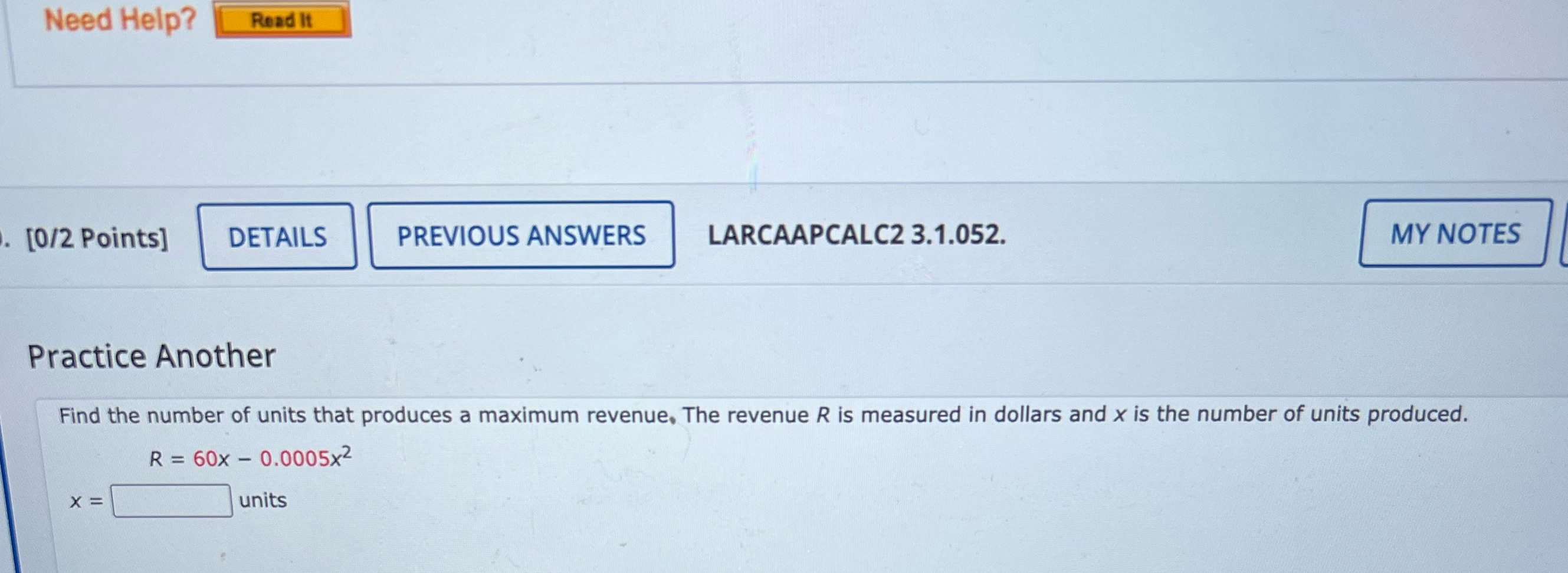 Need Help? Read It [0/2 Points] DETAILS PREVIOUS