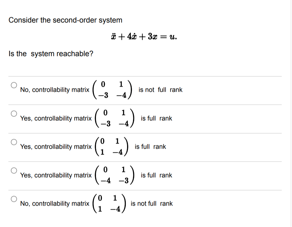 Consider the second-order system i + 4x + 3x = u.