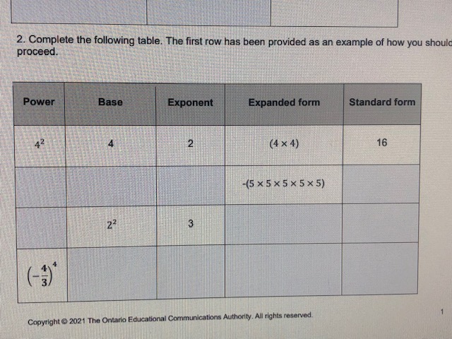 2. Complete the following table. The first row