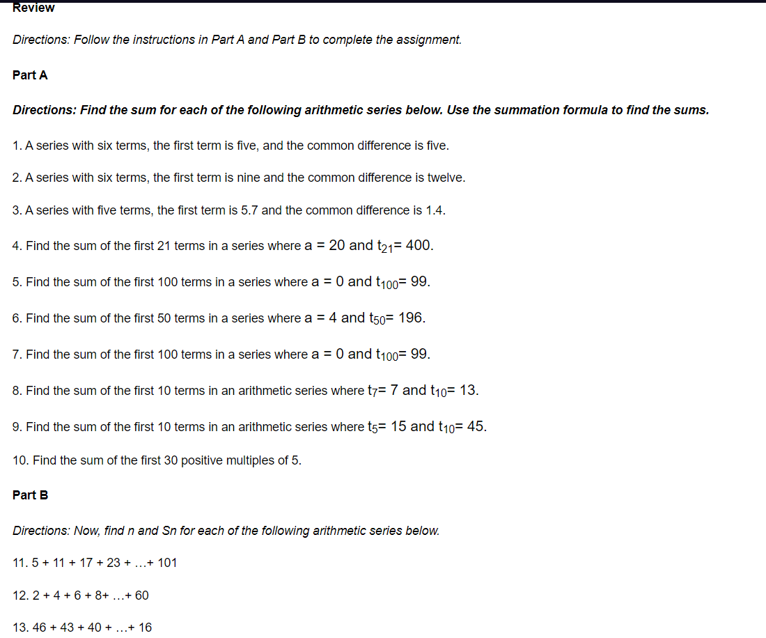Review Directions: Follow the instructions in