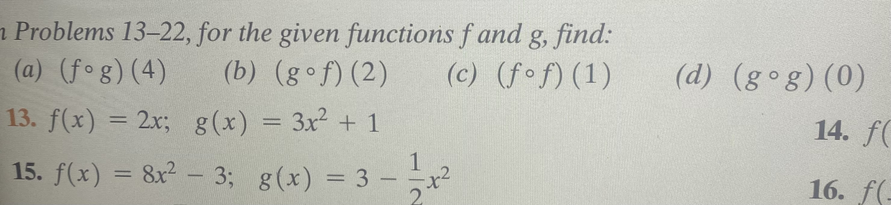 Problems 13-22, for the given functions f and g,