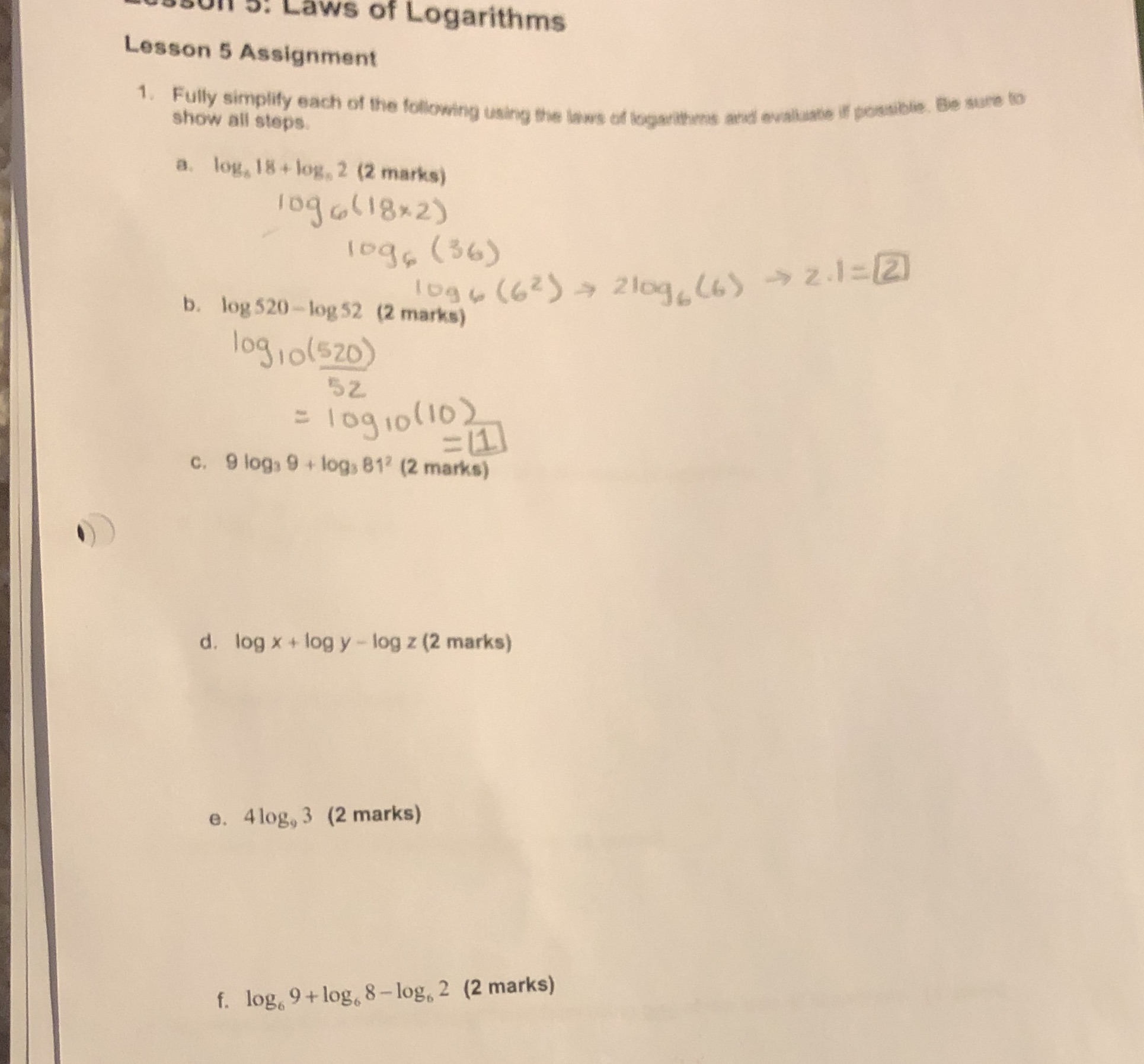 O. Laws of Logarithms Lesson 5 Assignment 1.