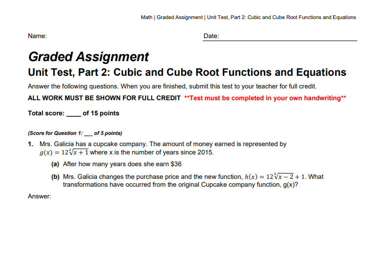 Math | Graded Assignment | Unit Test, Part 2: