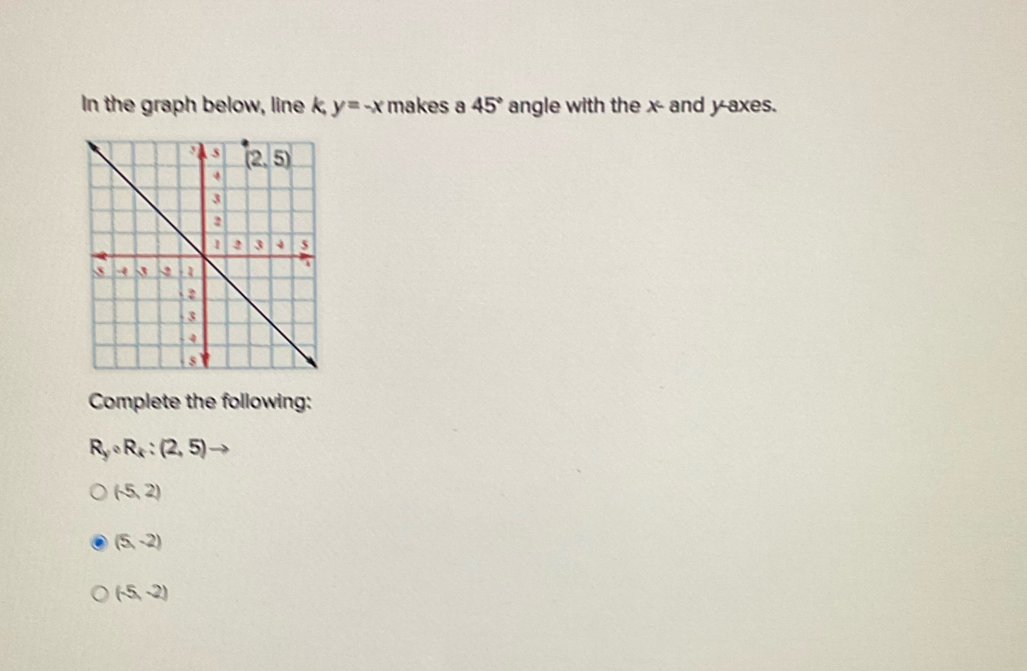 In the graph below, line k, y= -x makes a