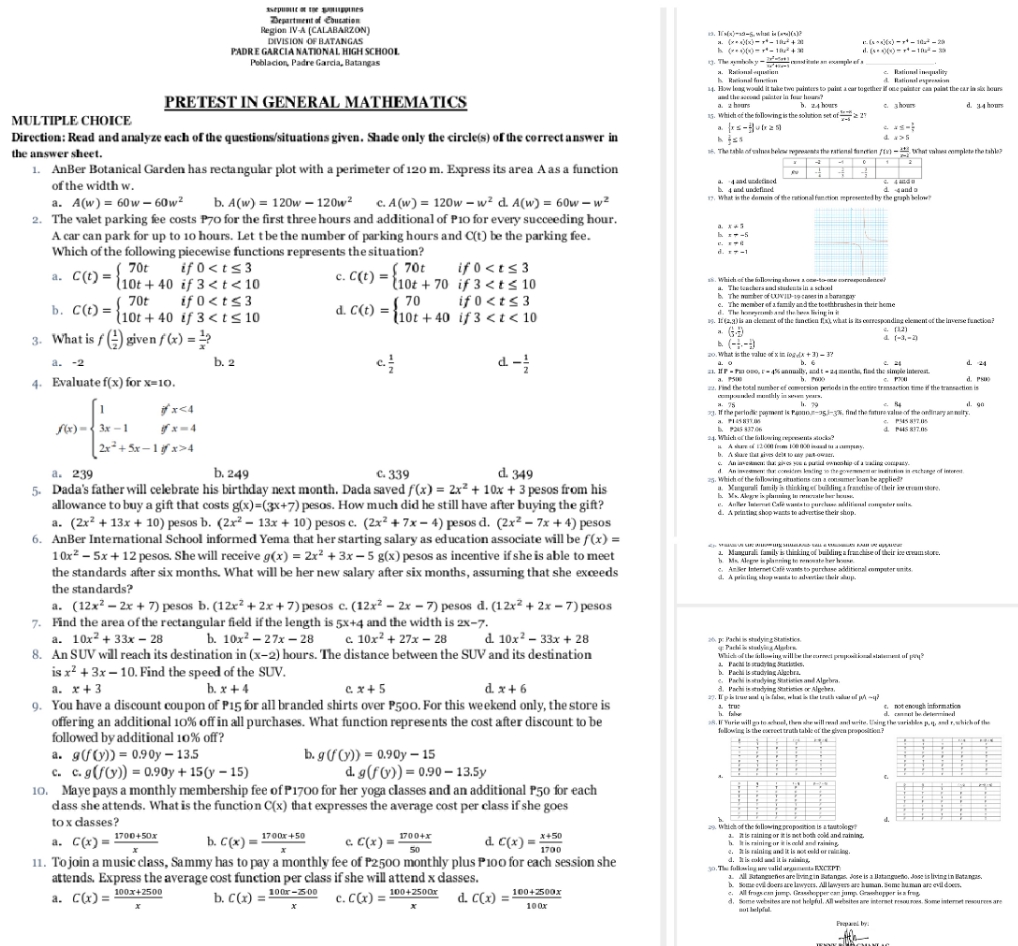 Please help me answer my pre-test. Department of