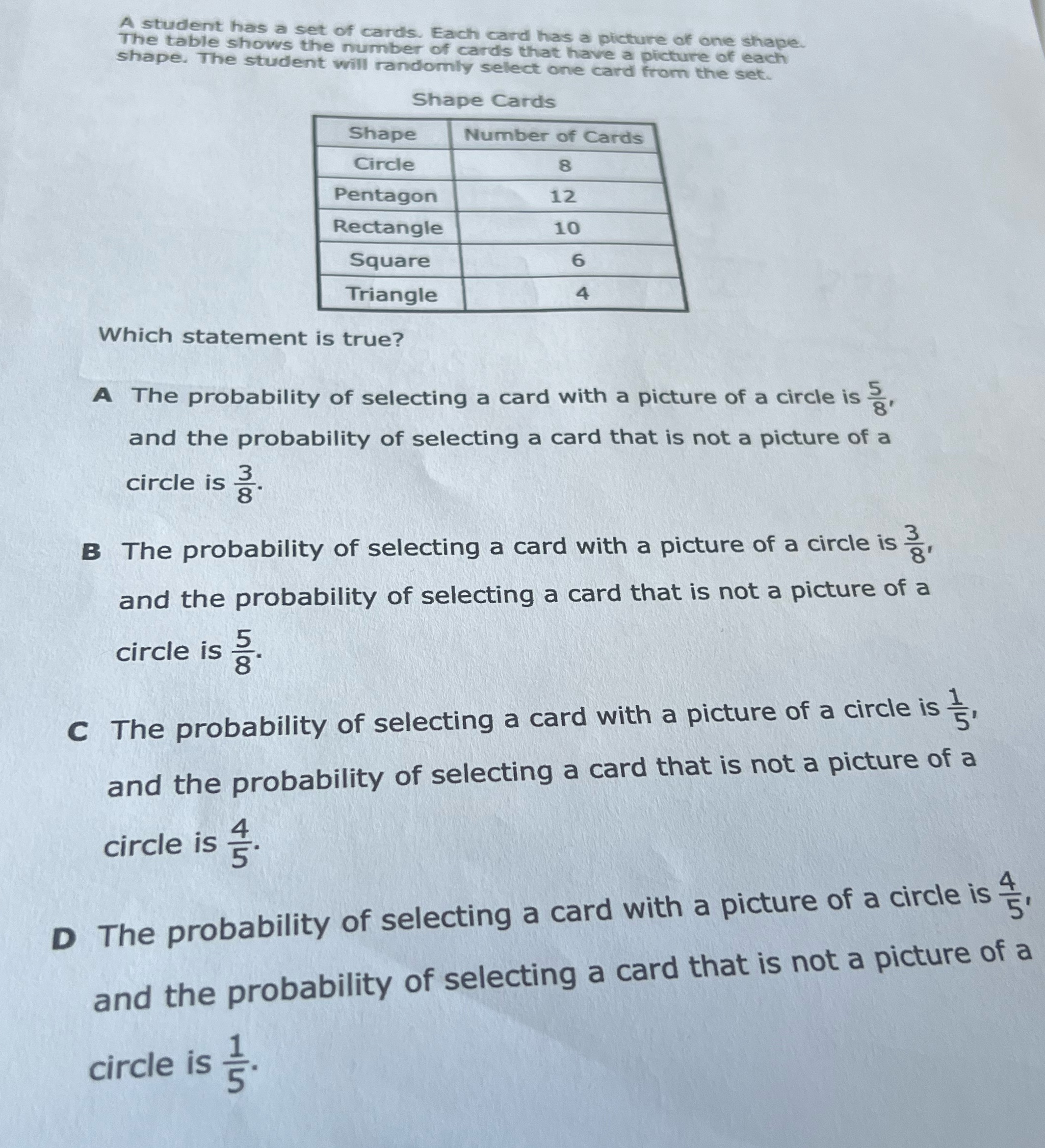 A student has a set of cards. Each card has a