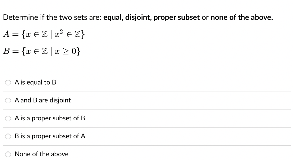 Determine if the two sets are: equal, disjoint,