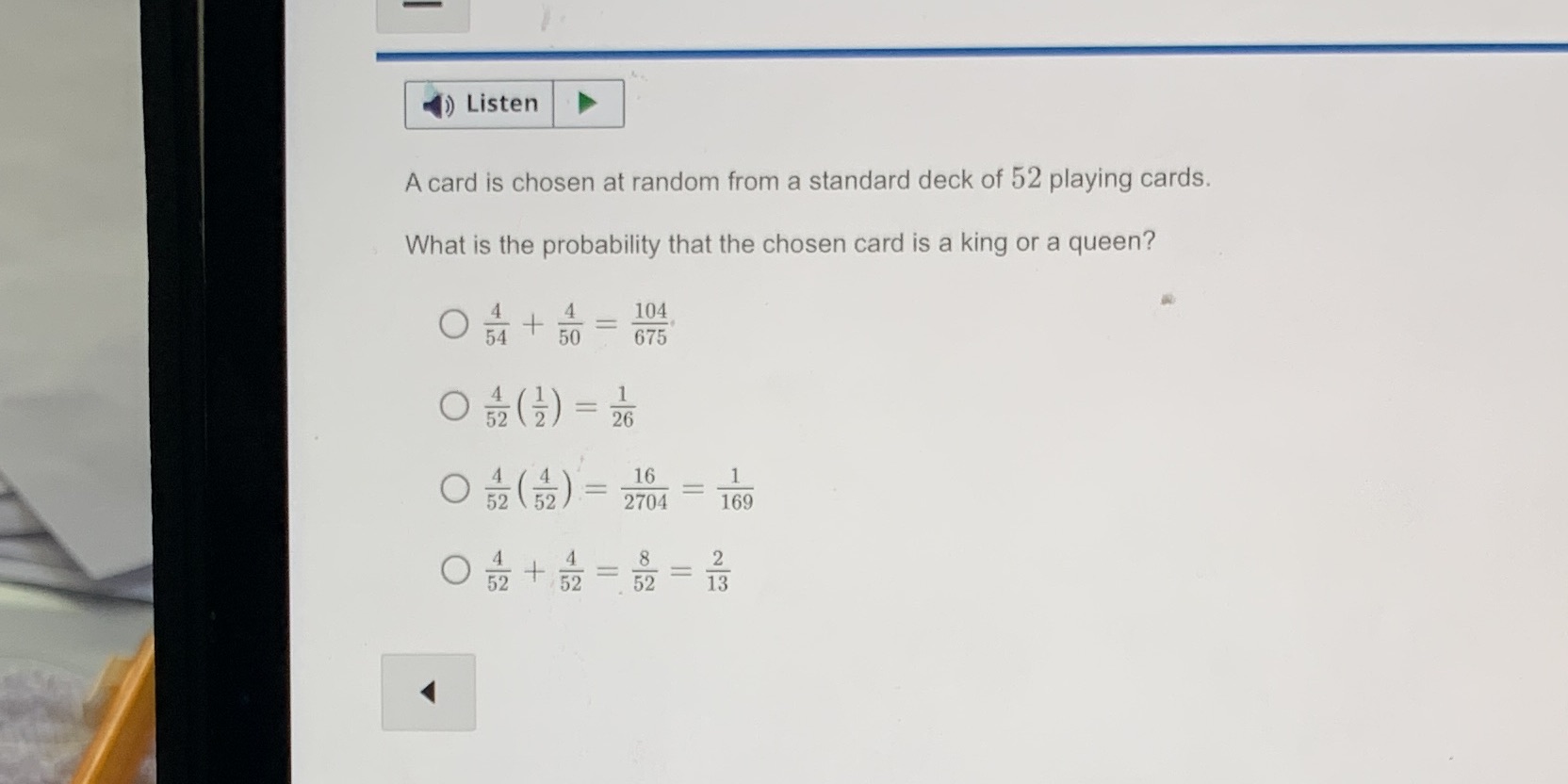 Listen A card is chosen at random from a standard