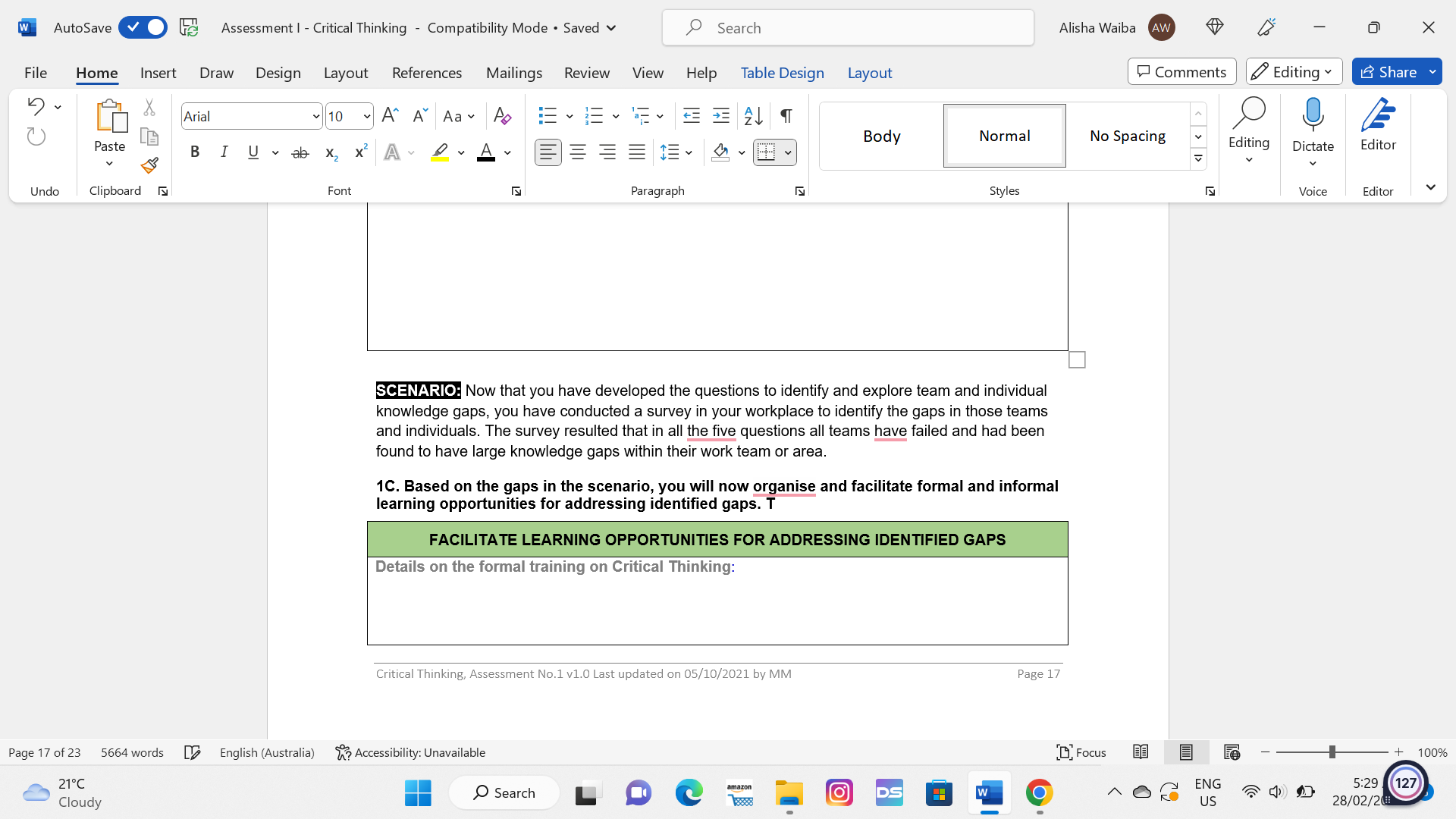 W AutoSave Assessment I - Critical Thinking -