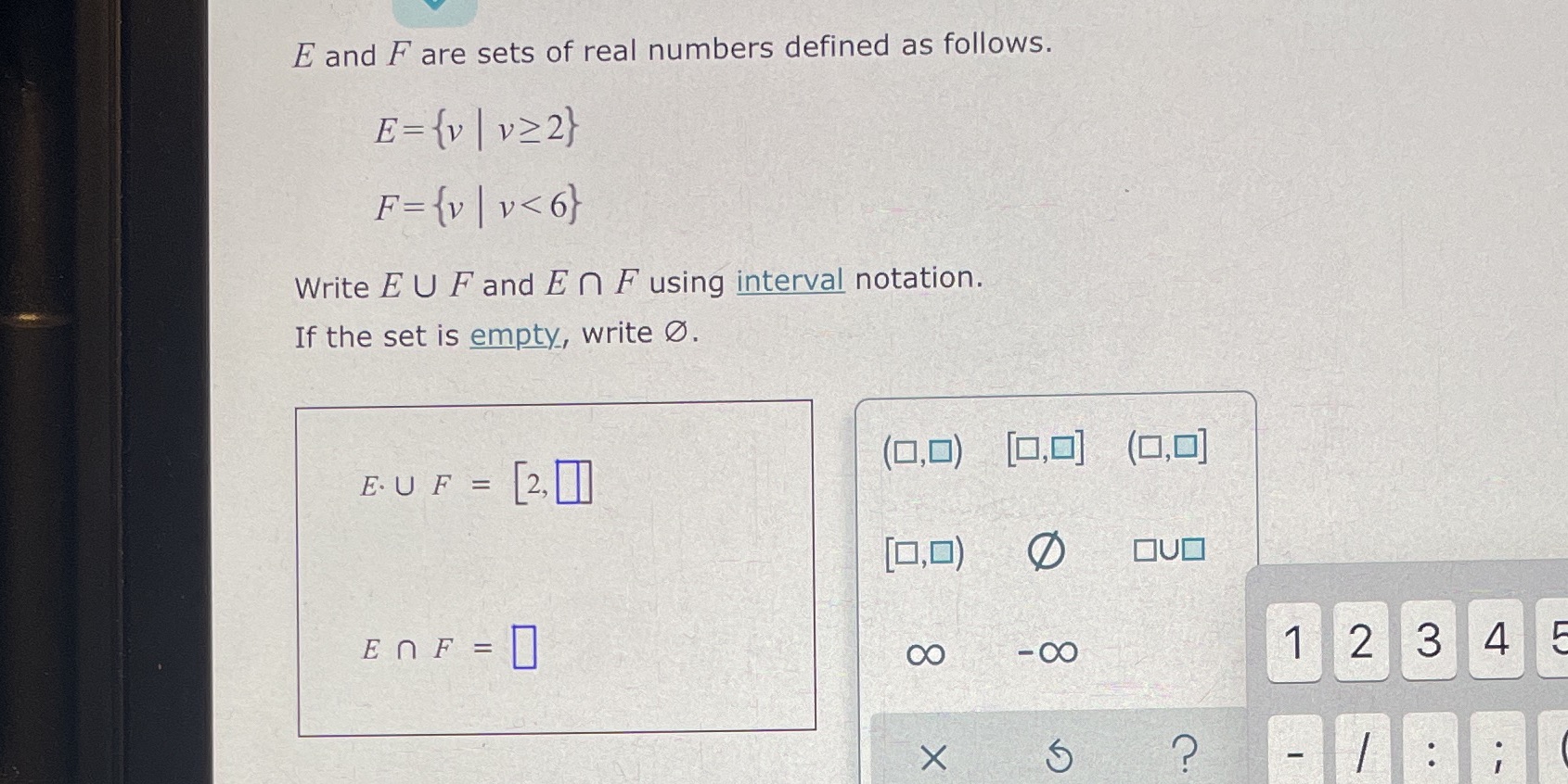 E and F are sets of real numbers defined as