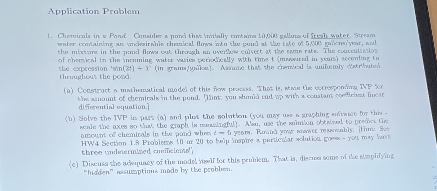 Application Problem 1. Chemicals in a Pond