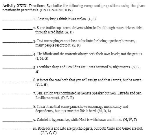 Activity XXIX. Directions: Symbolize the