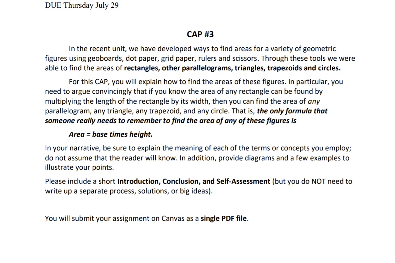 DUE Thursday July 29 CAP #3 In the recent unit,