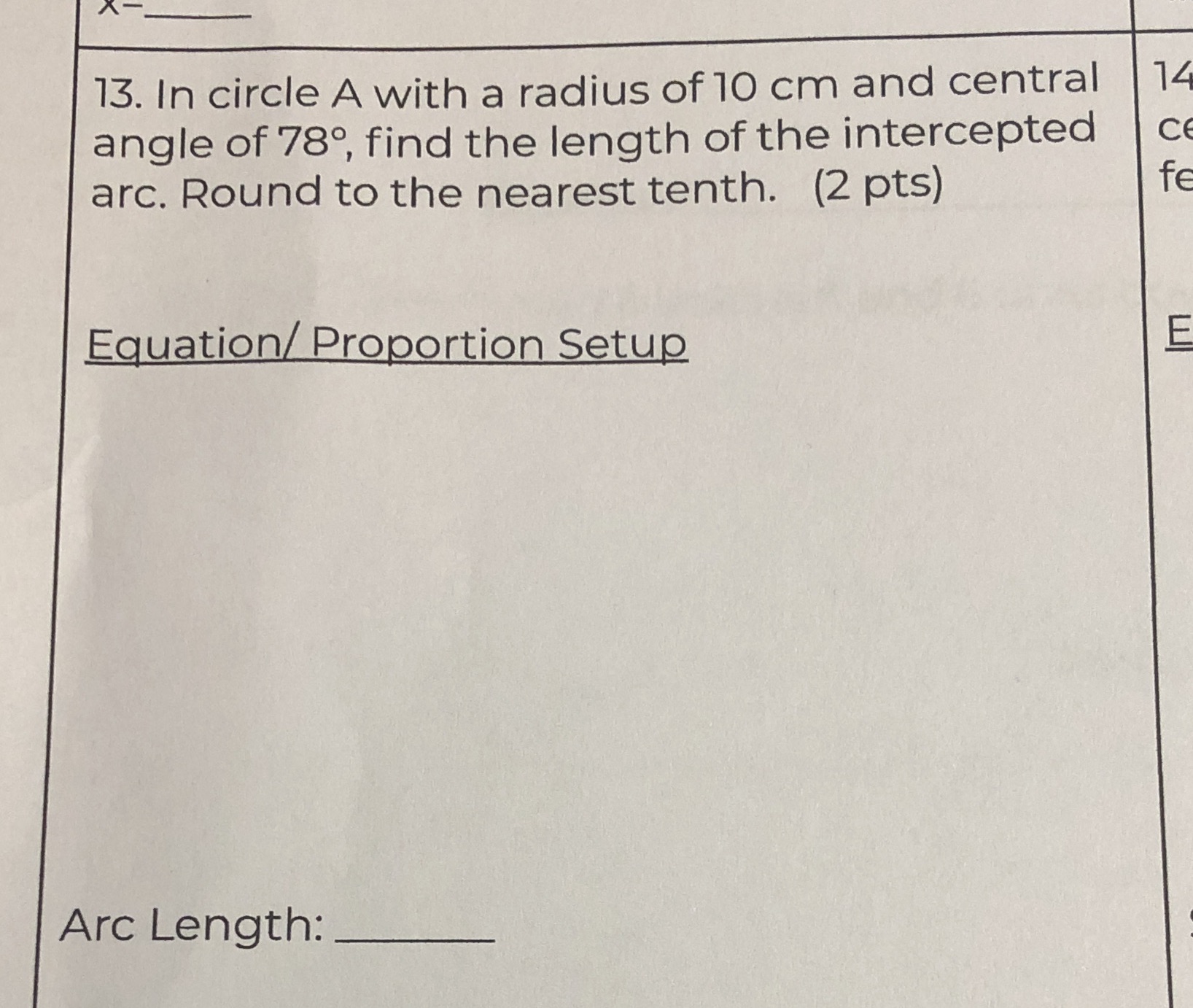 13. In circle A with a radius of 10 cm and