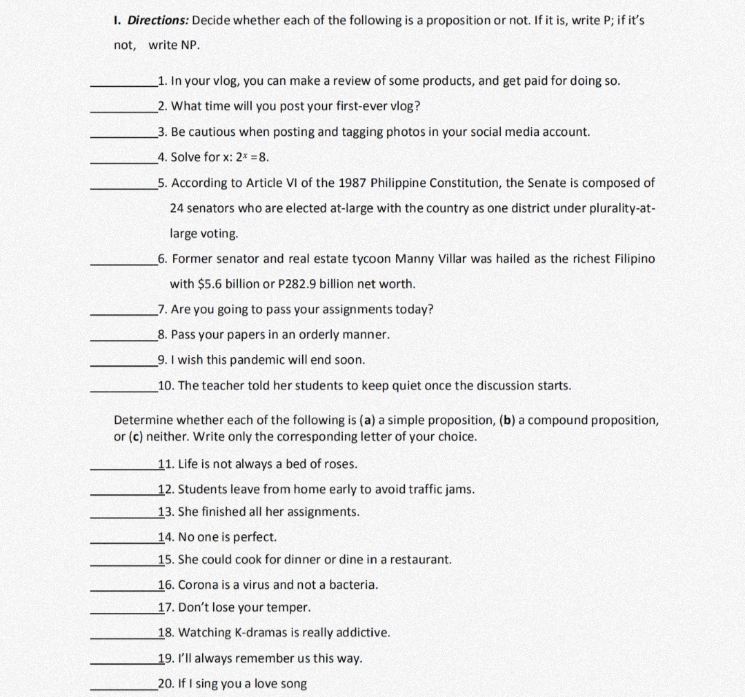 I. Directions: Decide whether each of the