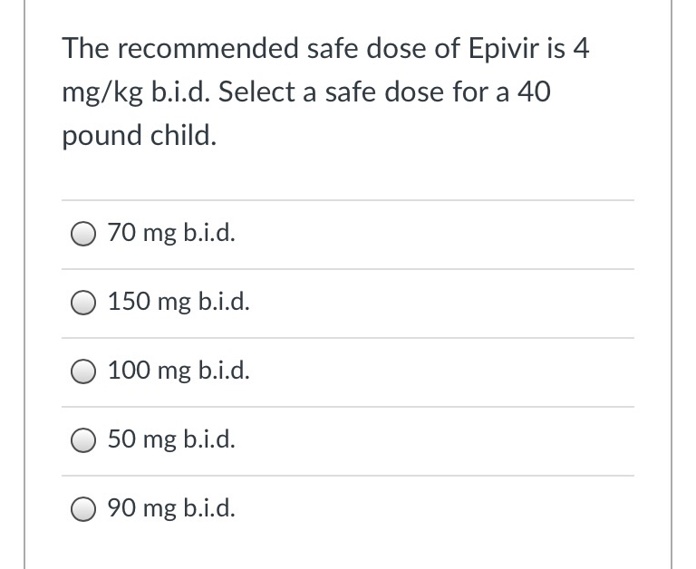 The recommended safe dose of Epivir is 4 mg/ kg