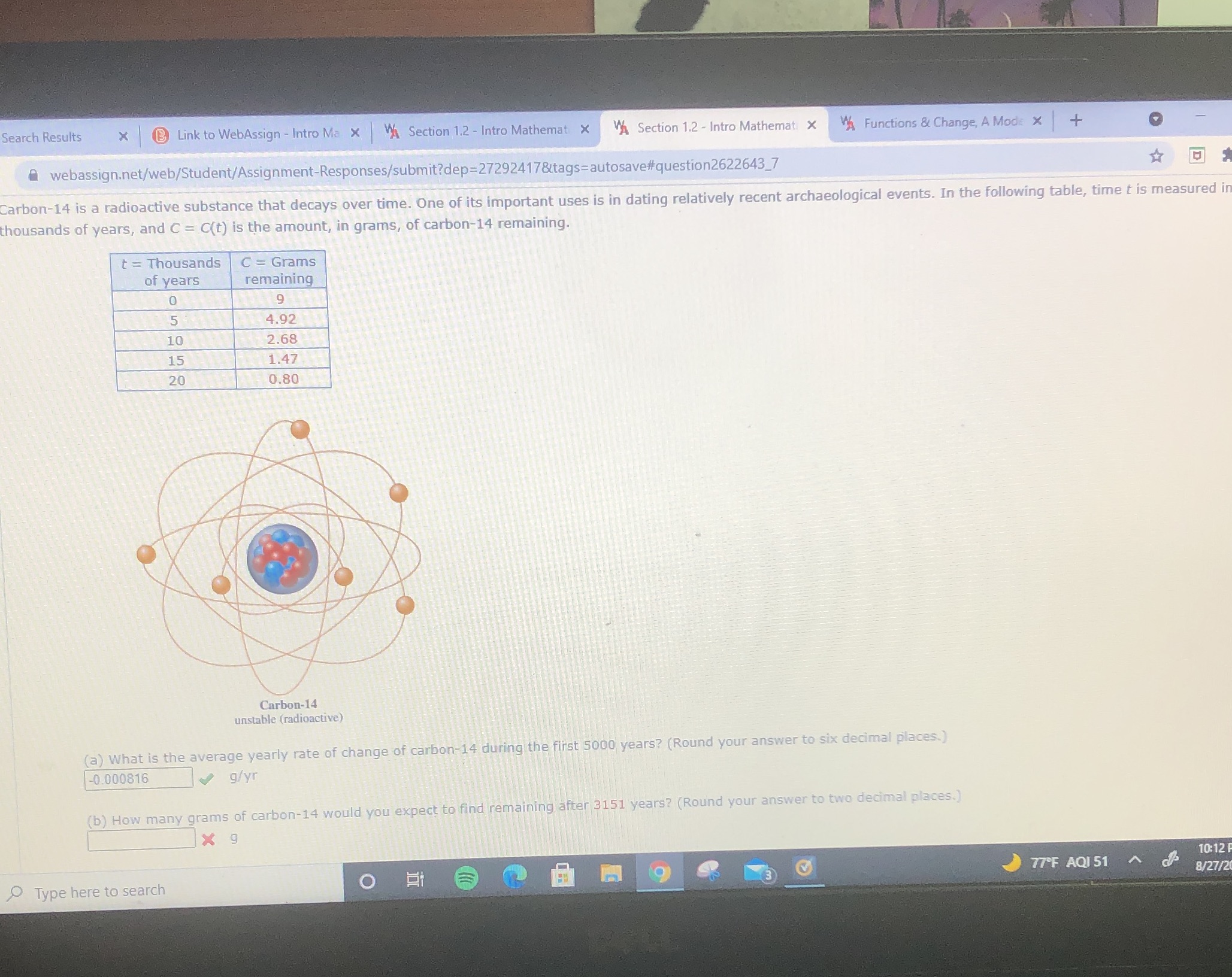 (b) my question: how many grams of carbon - 14
